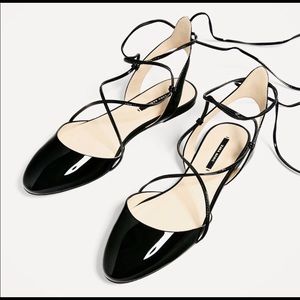 Zara Black Faux Patent Tie up Flats